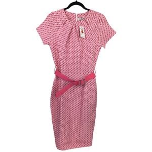 DreSco London Girl's Pleated Neck Belted Short Sleeve Barbie Pink Midi Dress 10
